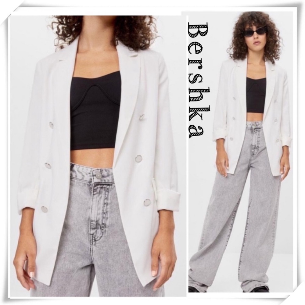 Bershka Open Front Roll-up Sleeve Oversized Blazer Jacket in Off-While New